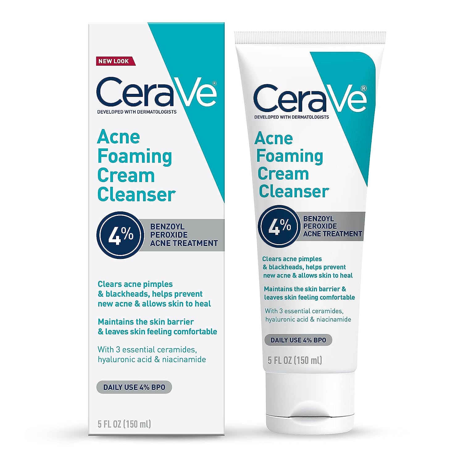 CeraVe Acne Foaming Cream Cleanser | Acne Treatment Face Wash with 4% Benzoyl Peroxide, Hyaluronic Acid, and Niacinamide | Cream to Foam Formula | Fragrance Free & Non Comedogenic | 5 Oz - 24hrsmart